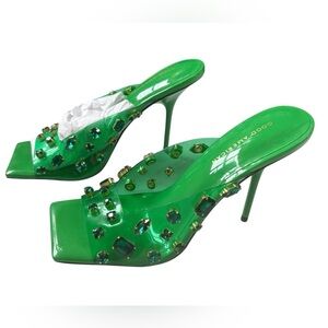 Good American Emma Square Toe Jeweled Mule Heels Green Crystal Statement NIB